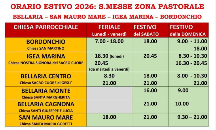 ORARI MESSE ESTIVE 2026 - 01 GIU 2026 - Fino al 15 SET